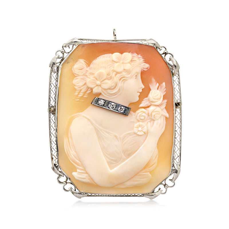 C. 1950 Vintage Orange Shell Cameo Pin/Pendant with Diamonds in 14kt White Gold