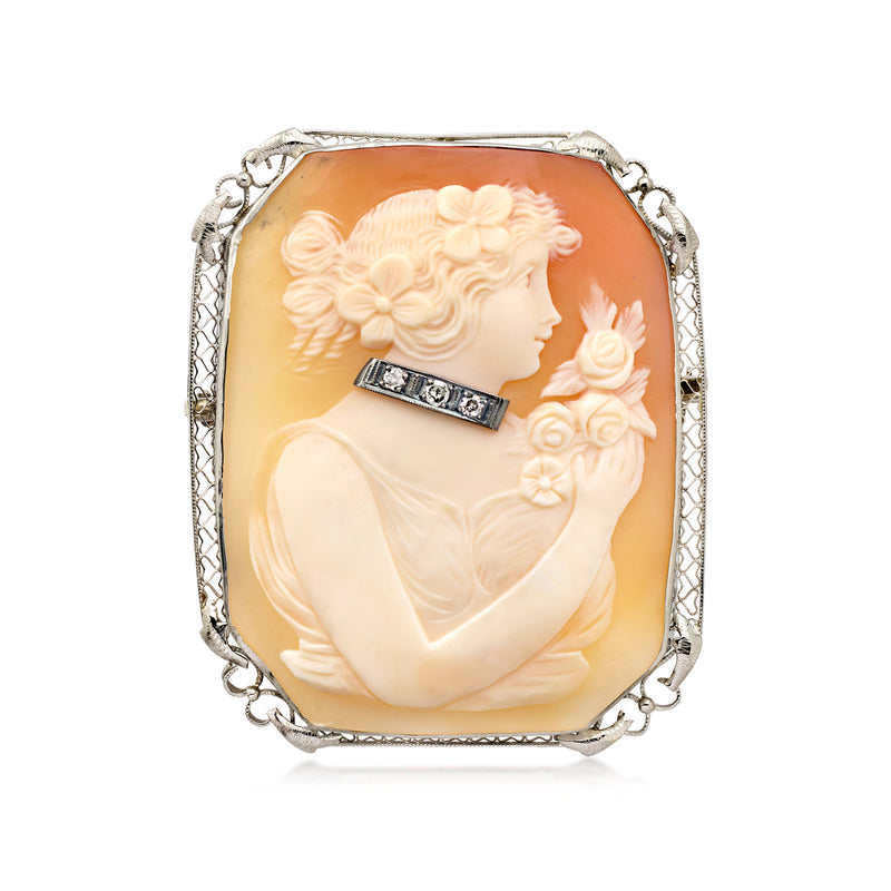 C. 1950 Vintage Orange Shell Cameo Pin/Pendant with Diamonds in 14kt White Gold