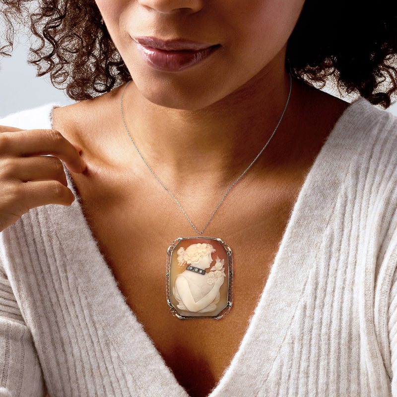 C. 1950 Vintage Orange Shell Cameo Pin/Pendant with Diamonds in 14kt White Gold