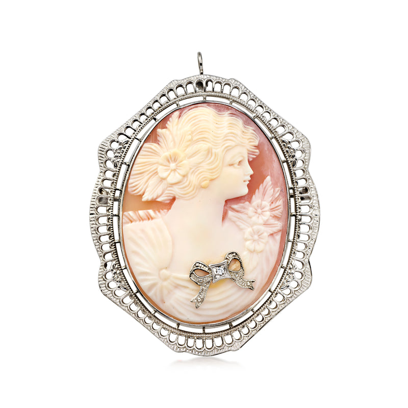 C. 1950 Vintage Brown Shell Cameo Pin/Pendant with Single Diamond in 14kt White Gold