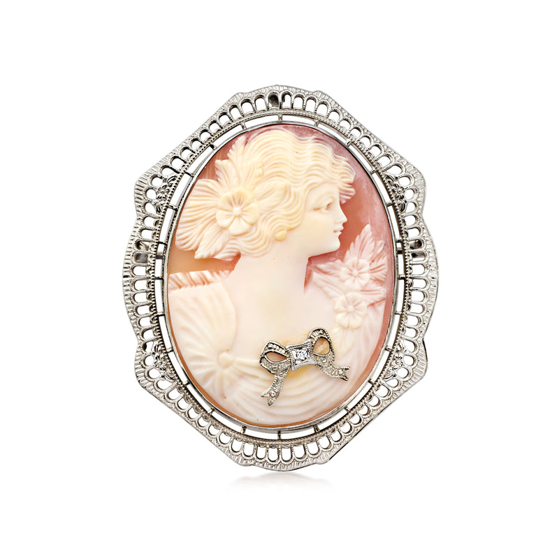 C. 1950 Vintage Brown Shell Cameo Pin/Pendant with Single Diamond in 14kt White Gold