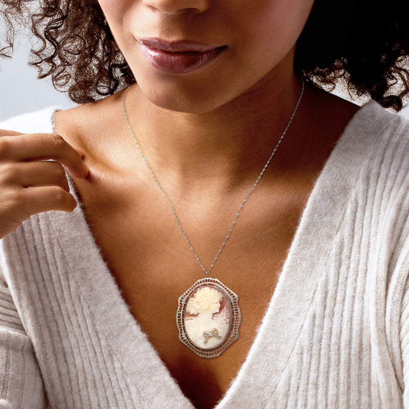 C. 1950 Vintage Brown Shell Cameo Pin/Pendant with Single Diamond in 14kt White Gold