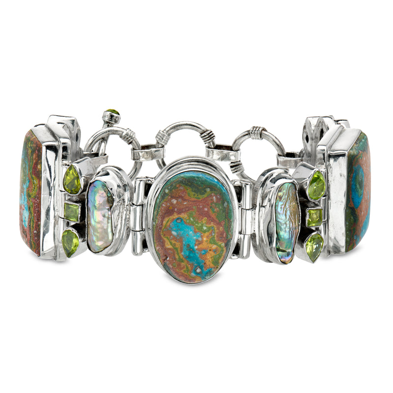 C. 1970 Vintage Simulated Turquoise, Cultured Baroque Pearl and 4.80 ct. t.w. Peridot Bracelet in Sterling Silver. 7"