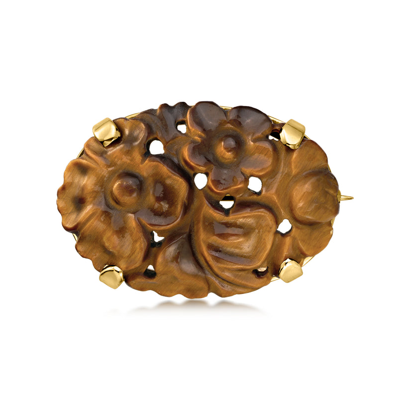 C. 1970 Vintage Carved Tiger Eye Flower Pin in 14kt Yellow Gold
