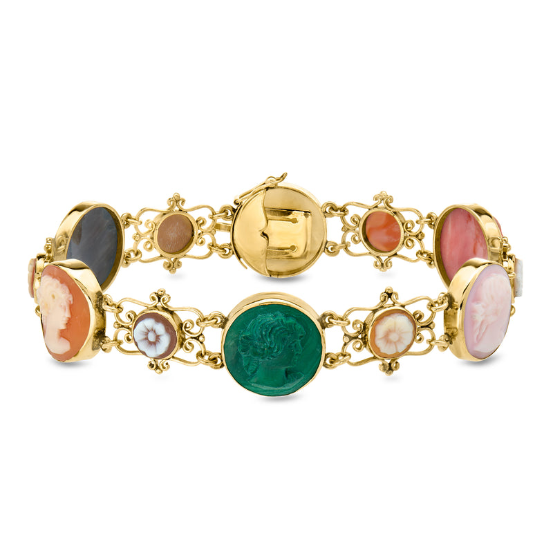 C. 1960 Vintage Multi-Gemstone Cameo Bracelet in 12kt Yellow Gold. 7.5"