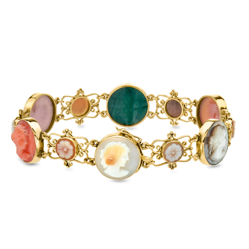 C. 1960 Vintage Multi-Gemstone Cameo Bracelet in 12kt Yellow Gold. 7.5"