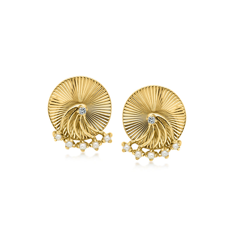 C. 1970 Vintage 14kt Yellow Gold Swirl Earrings with Diamonds and Seed Pearls