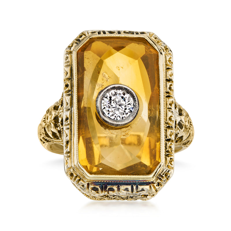 C. 1940 Vintage 4.40 Carat Citrine and .20 Carat Diamond Filigree Ring in 14kt Yellow Gold. Size 5