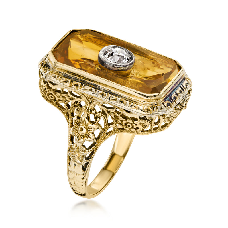 C. 1940 Vintage 4.40 Carat Citrine and .20 Carat Diamond Filigree Ring in 14kt Yellow Gold. Size 5