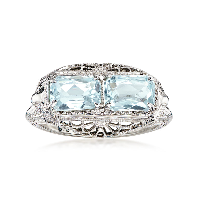 C. 1950 Vintage 1.80 ct. t.w. Aquamarine Two-Stone Filigree Ring in 18kt White Gold. Size 6