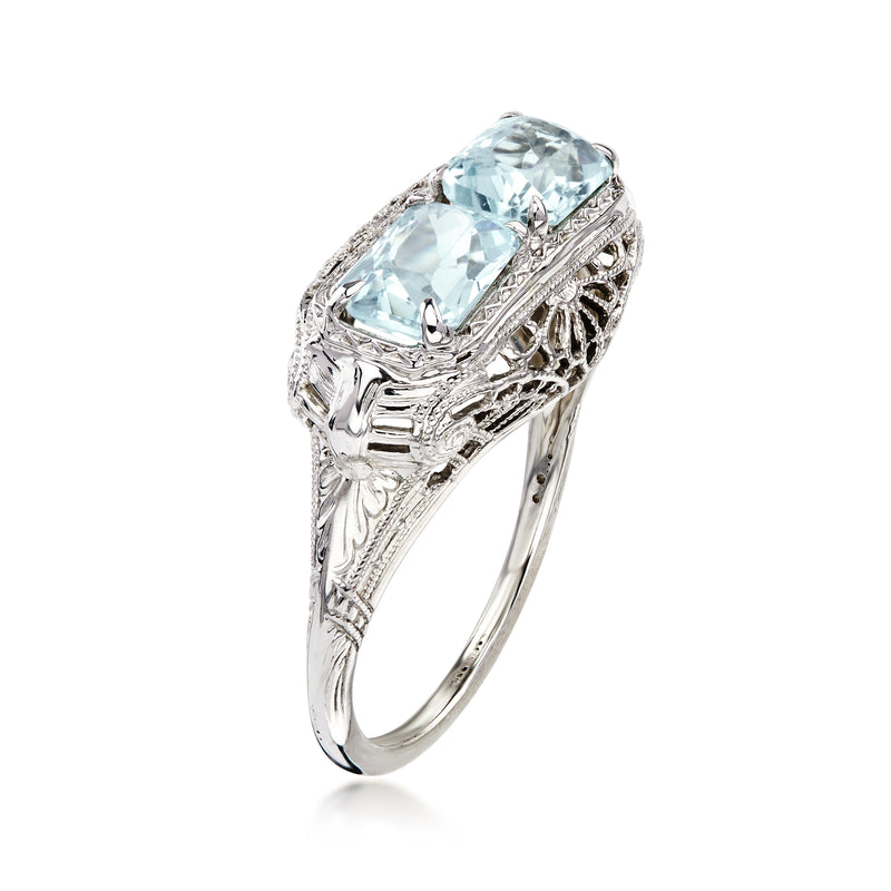 C. 1950 Vintage 1.80 ct. t.w. Aquamarine Two-Stone Filigree Ring in 18kt White Gold. Size 6