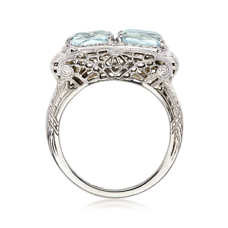 C. 1950 Vintage 1.80 ct. t.w. Aquamarine Two-Stone Filigree Ring in 18kt White Gold. Size 6