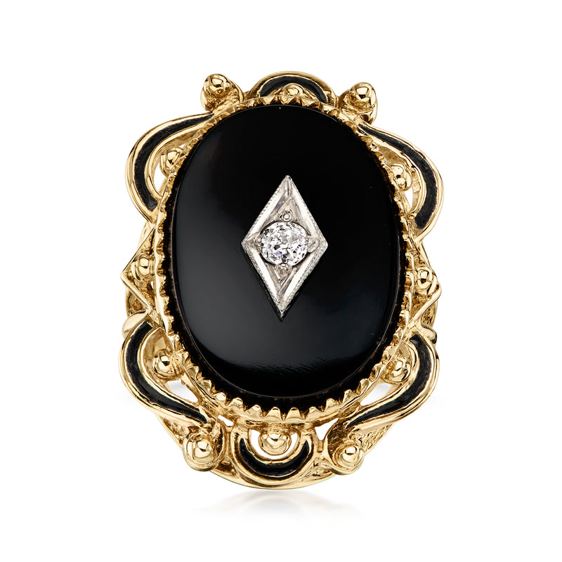 C. 1950 Vintage Onyx Ring with Single .10 Carat Diamond in 10kt Yellow Gold. Size 7