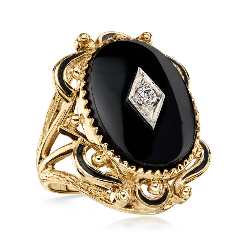 C. 1950 Vintage Onyx Ring with Single .10 Carat Diamond in 10kt Yellow Gold. Size 7