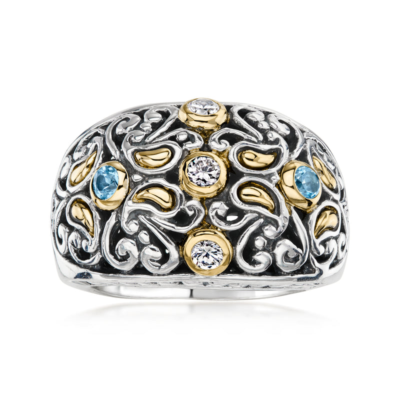 C. 1990 Vintage .30 ct. t.w. CZ and .25 ct. t.w. Sky Blue Topaz Ring in Sterling Silver and 18kt Yellow Gold. Size 9
