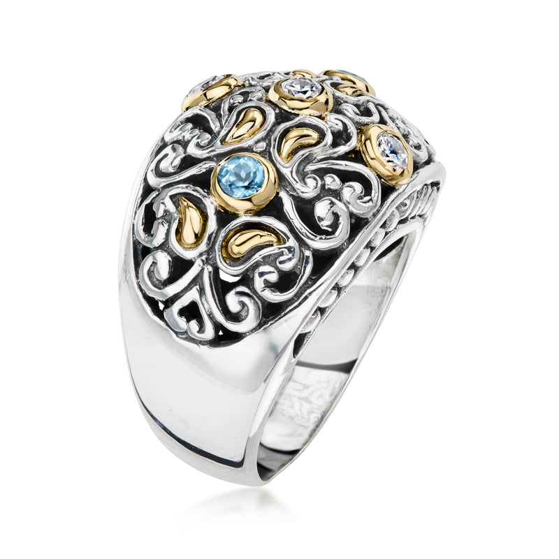 C. 1990 Vintage .30 ct. t.w. CZ and .25 ct. t.w. Sky Blue Topaz Ring in Sterling Silver and 18kt Yellow Gold. Size 9