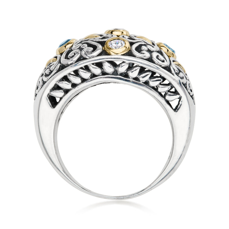 C. 1990 Vintage .30 ct. t.w. CZ and .25 ct. t.w. Sky Blue Topaz Ring in Sterling Silver and 18kt Yellow Gold. Size 9