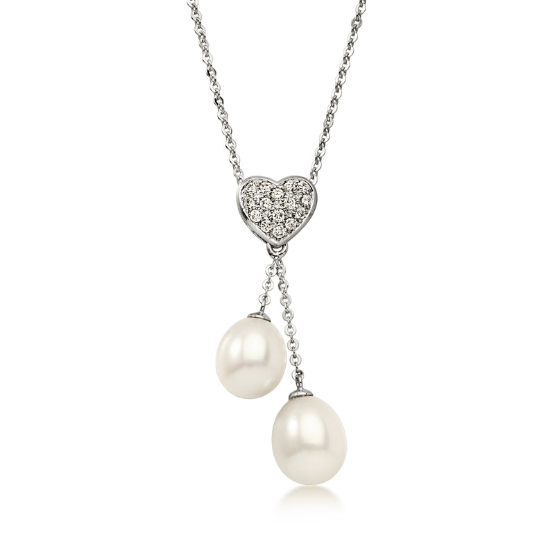 C. 1990 Vintage Cultured Pearl and .25 ct. t.w. Diamond Heart Drop Necklace in 18kt White Gold. 16"