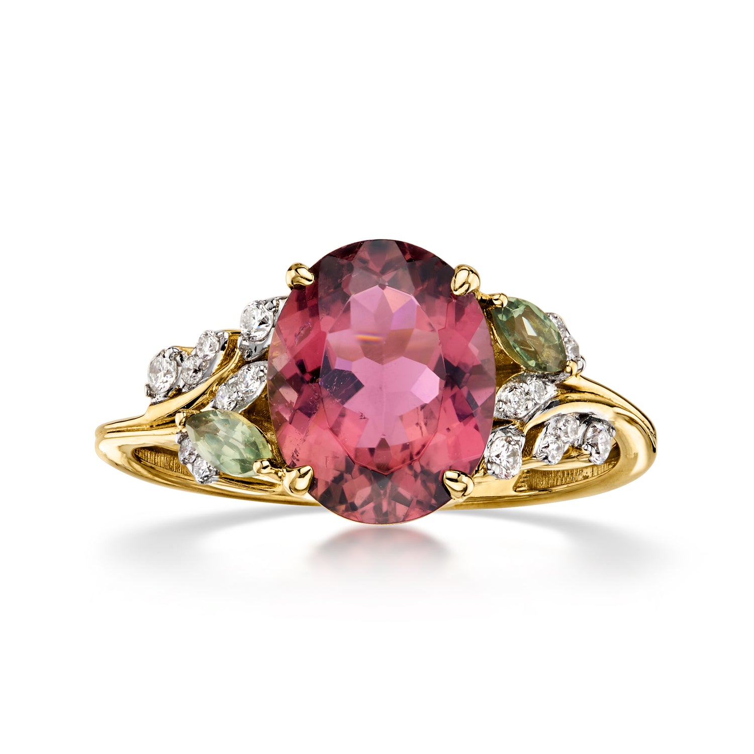 2.60 Carat Pink Tourmaline Ring with .10 ct. t.w. Green Tourmaline and .12 ct. t.w. Lab Grown Diamonds in 14kt Yellow Gold