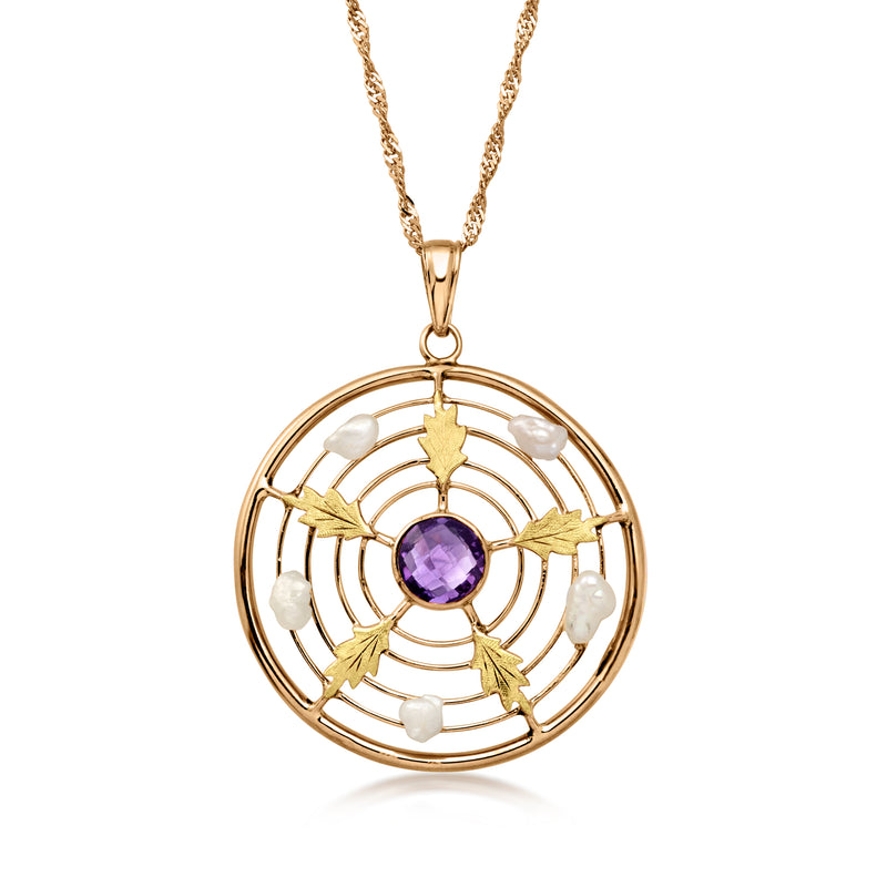 C. 1940 Vintage 4x3mm Cultured Pearl and .50 Carat Amethyst Leaf Circle Pendant Necklace in 10kt Two-Tone Gold. 22"