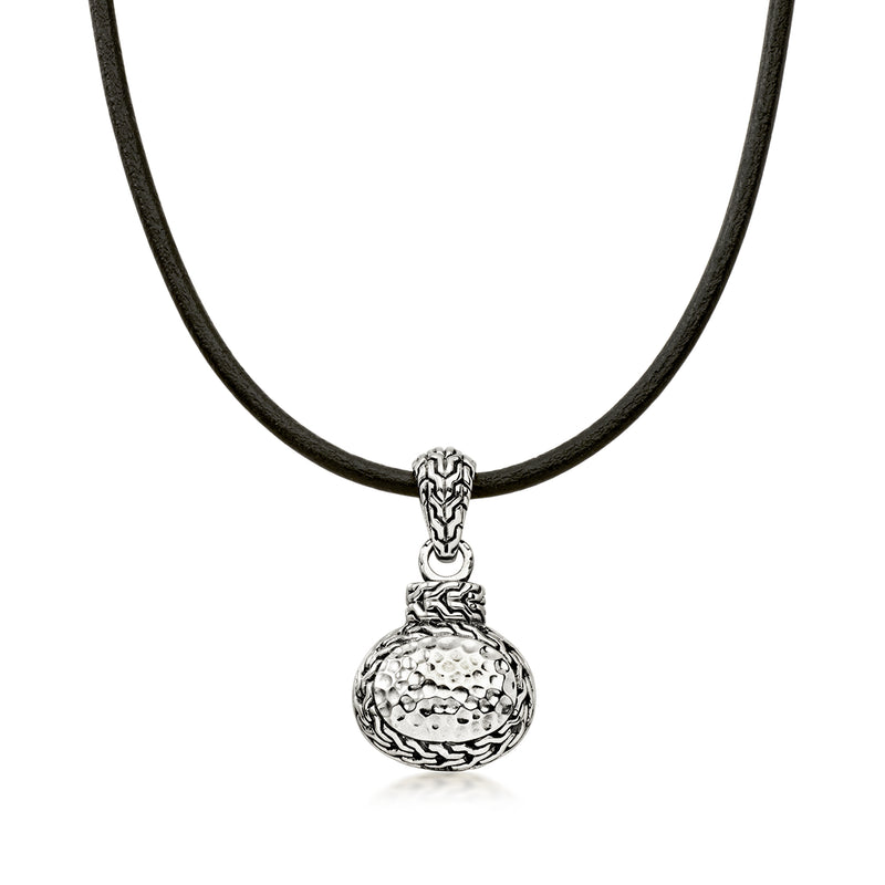 C. 2000 Vintage Sterling Silver Hammered Oval Pendant on Black Cord. 18"
