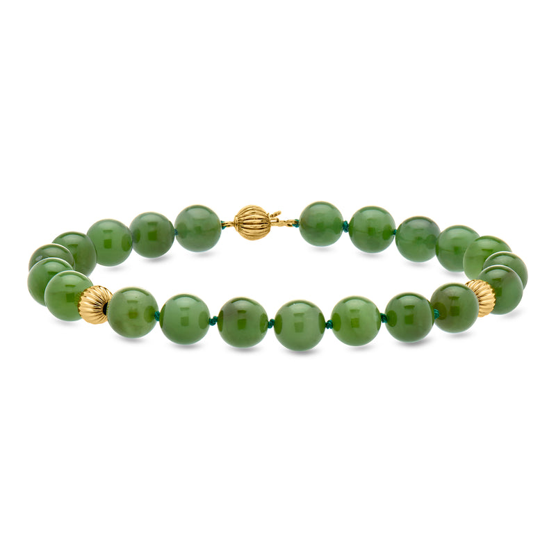 C. 1980 Vintage 8mm Jade Bead Bracelet with 14kt Yellow Gold. 8"