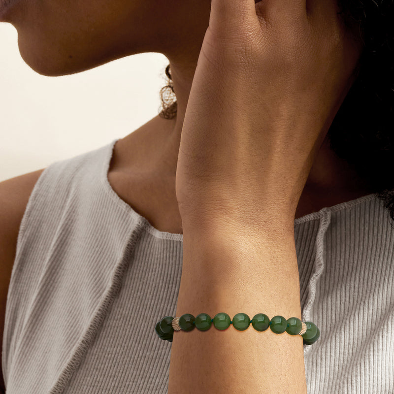 C. 1980 Vintage 8mm Jade Bead Bracelet with 14kt Yellow Gold. 8"