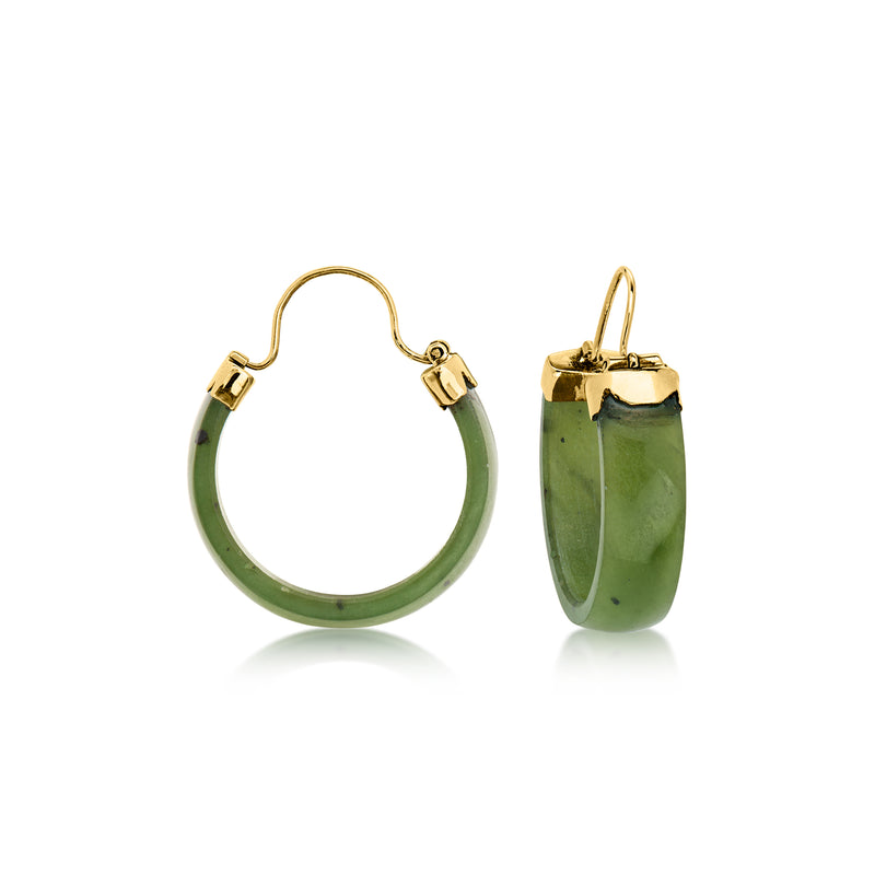 C. 1980 Vintage Carved Nephrite Hoop Earrings in 14kt Yellow Gold. 1"