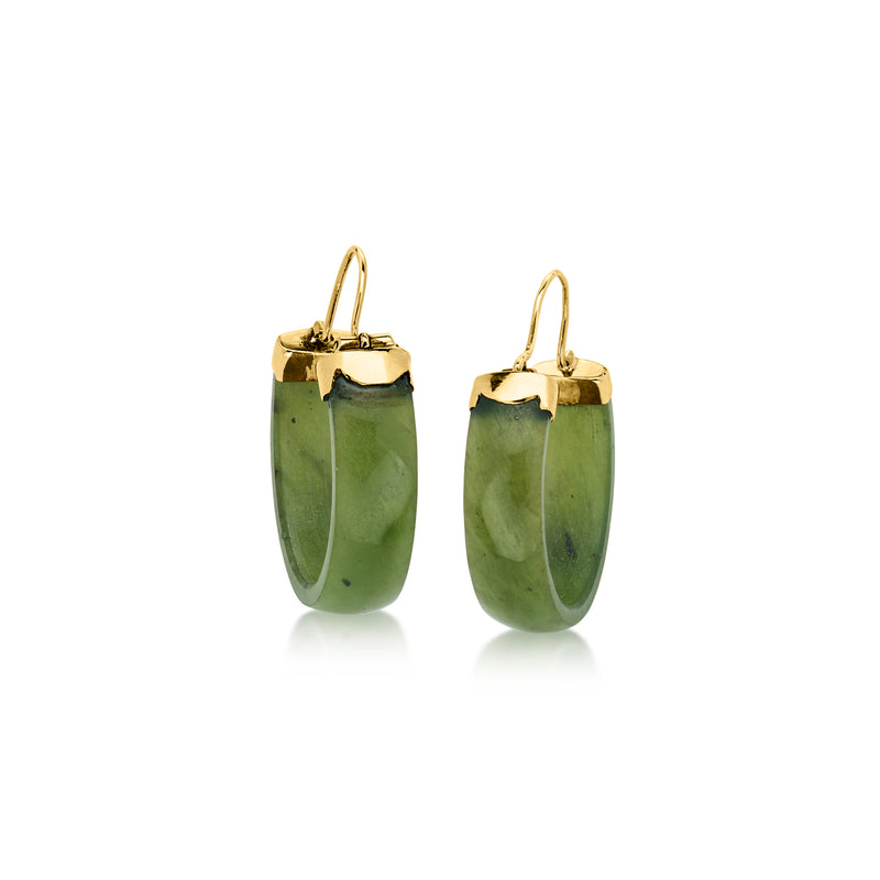 C. 1980 Vintage Carved Nephrite Hoop Earrings in 14kt Yellow Gold. 1"