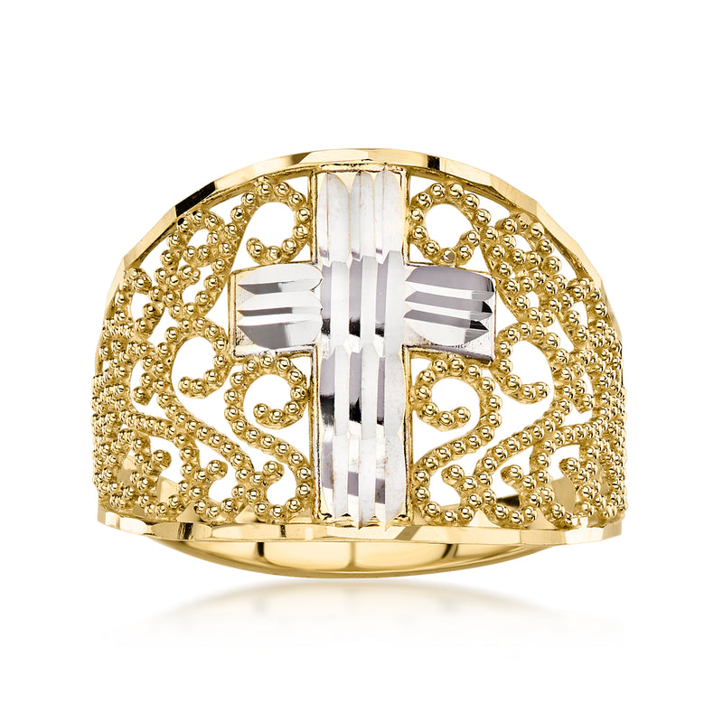 C. 1990 Vintage 10kt Two-Tone Gold Cross Openwork Ring. Size 8