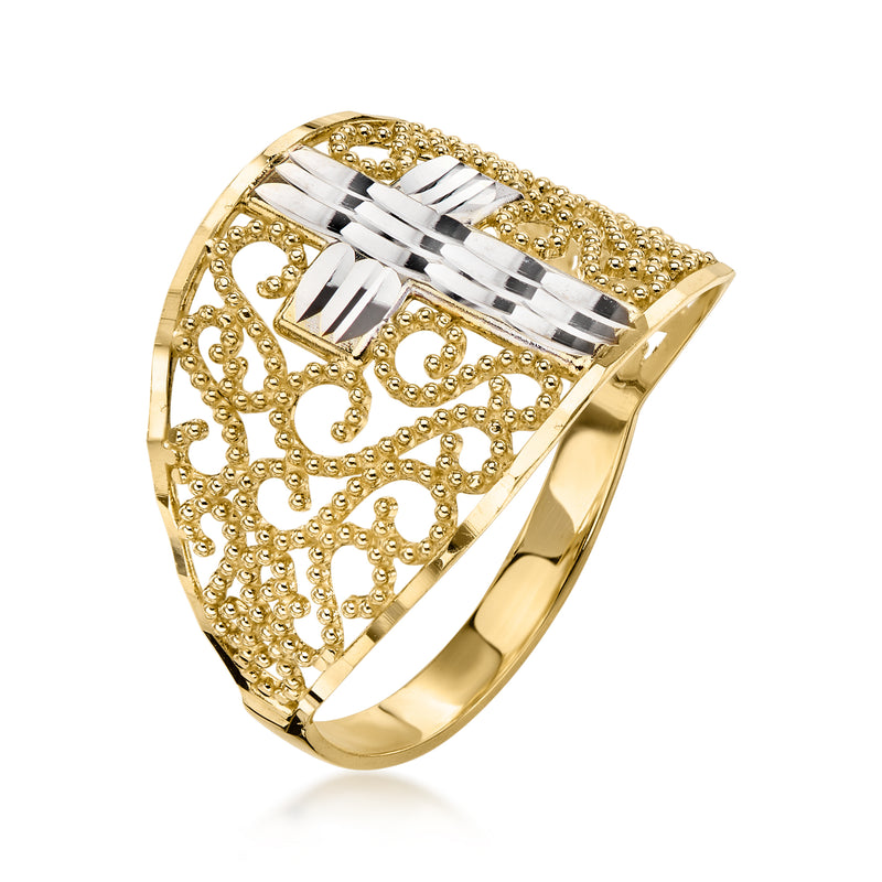 C. 1990 Vintage 10kt Two-Tone Gold Cross Openwork Ring. Size 8