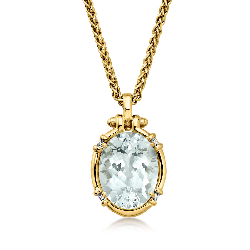 C. 1980 Vintage 25.00 Carat Aquamarine Pendant Necklace with Diamonds in 14kt Yellow Gold. 19"