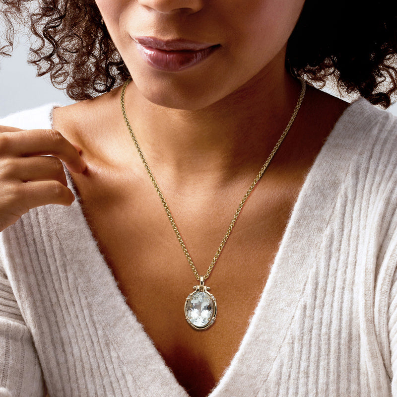 C. 1980 Vintage 25.00 Carat Aquamarine Pendant Necklace with Diamonds in 14kt Yellow Gold. 19"
