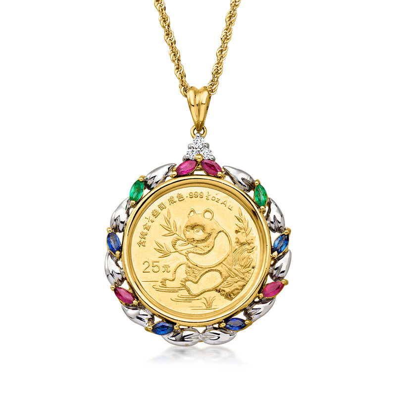 C. 1991 Vintage .76 ct. t.w. Multi-Gemstone Chinese Coin Pendant Necklace in 14kt and 24kt Yellow Gold. 18"