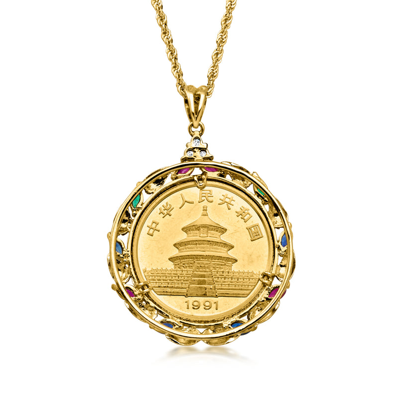 C. 1991 Vintage .76 ct. t.w. Multi-Gemstone Chinese Coin Pendant Necklace in 14kt and 24kt Yellow Gold. 18"