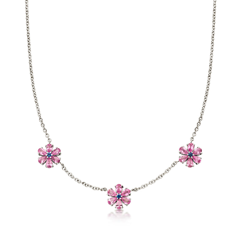 C. 1990 Vintage 3.75 ct. t.w. Pink and Blue Sapphire Flower Station Necklace in 18kt White Gold. 17.5"