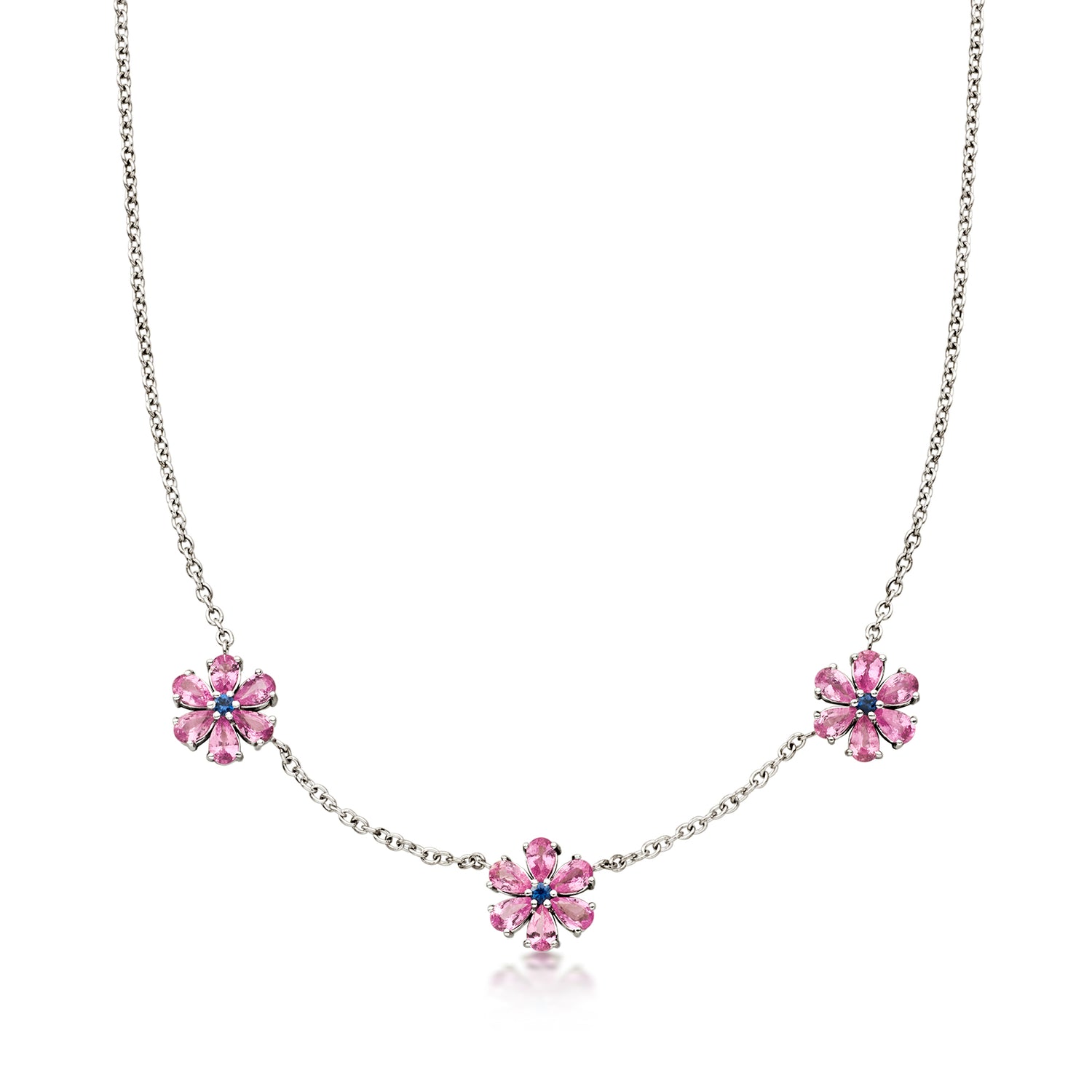 C. 1990 Vintage 3.75 ct. t.w. Pink and Blue Sapphire Flower Station Necklace in 18kt White Gold