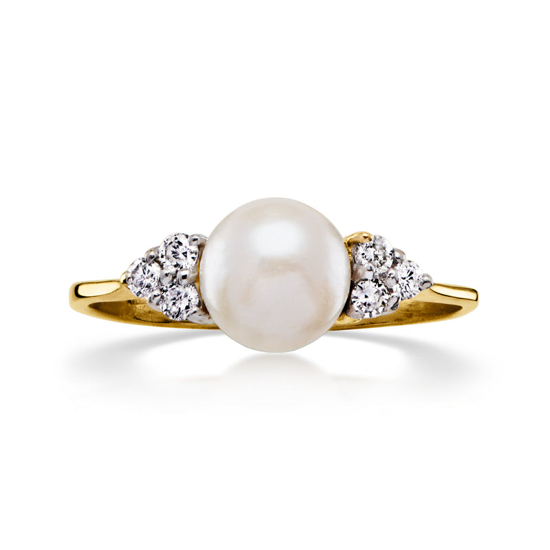 C. 1990 Vintage 6mm Cultured Pearl Ring with .15 ct. t.w. Diamonds in 14kt Yellow Gold. Size 6