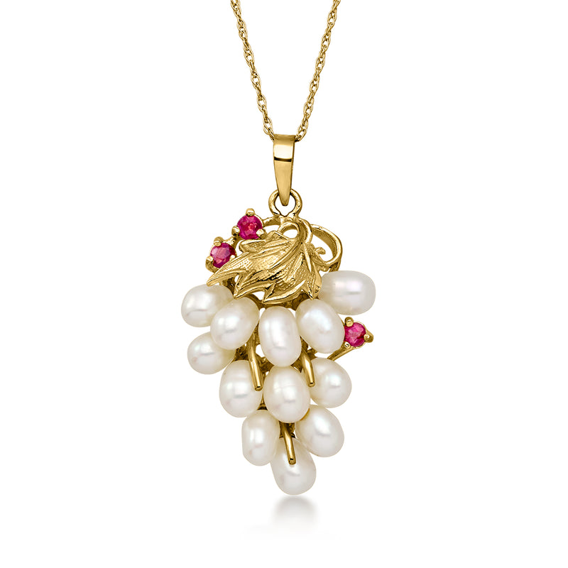 C. 1990 Vintage 3-4.5mm Cultured Pearl Grape Cluster Pendant Necklace with .15 ct. t.w. Rubies in 14kt Yellow Gold. 18"