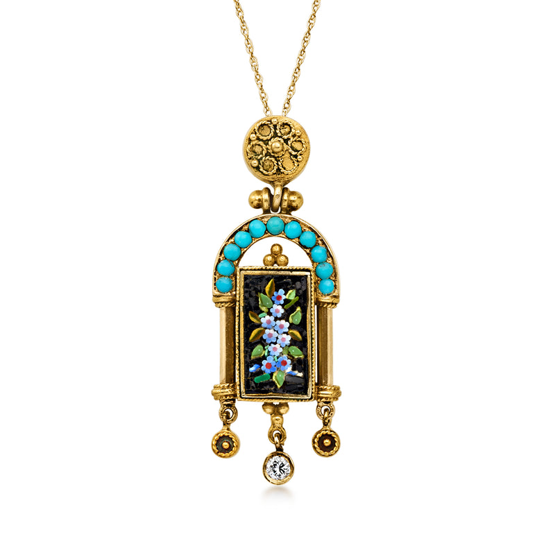 C. 1950 Vintage Micro-Mosaic Pendant Necklace with Turquoise and Single Diamond in 14kt Yellow Gold. 18"