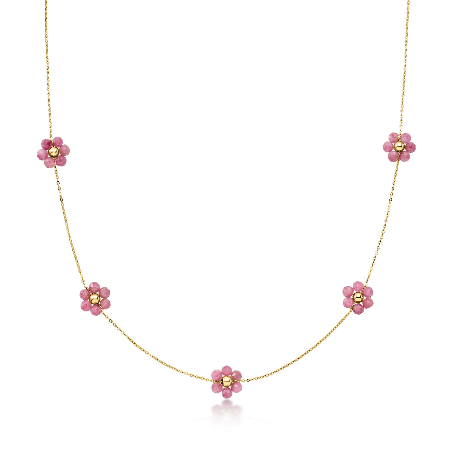 5.25 ct. t.w. Pink Tourmaline Bead Flower Station Necklace in 14kt Yellow Gold
