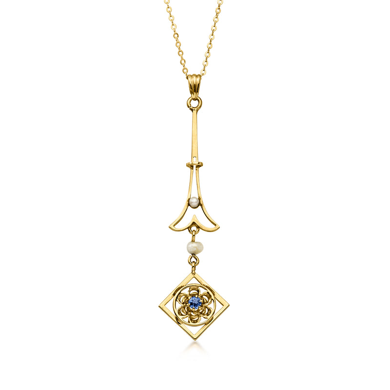 C. 1900 Vintage Cultured Pearl Pendant Necklace with Single Synthetic Sapphire in 10kt Yellow Gold. 18"