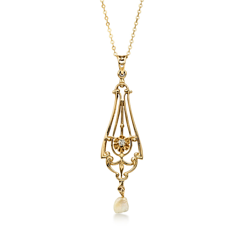 C. 1900 Vintage 10kt Yellow Gold Openwork Pendant Necklace with Cultured Pearl and Single Diamond. 18"
