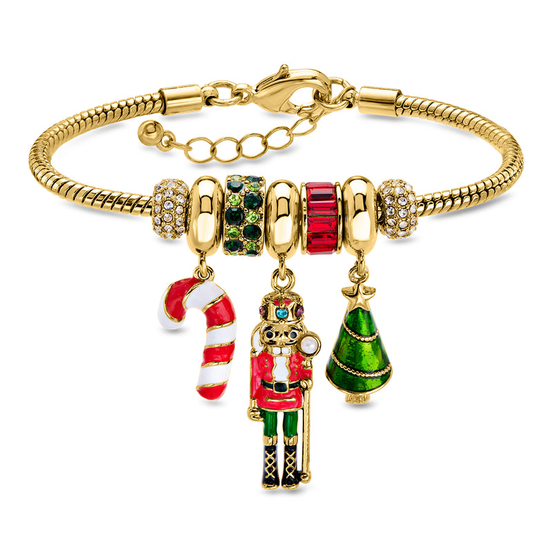 14kt Yellow Gold-Plated Christmas Bead Charm Bracelet with Simulated Gems/Pearls. 7"