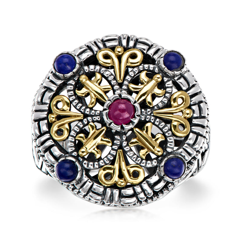 C. 1990 Vintage Philip Andre Lapis and .20 Carat Ruby Ring in Sterling Silver and 18kt Yellow Gold. Size 8