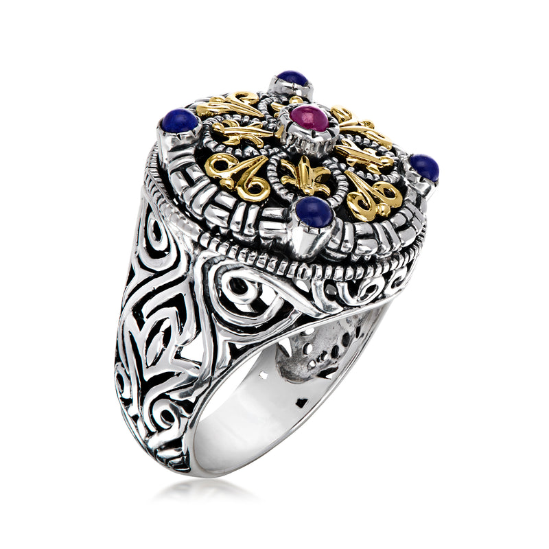 C. 1990 Vintage Philip Andre Lapis and .20 Carat Ruby Ring in Sterling Silver and 18kt Yellow Gold. Size 8