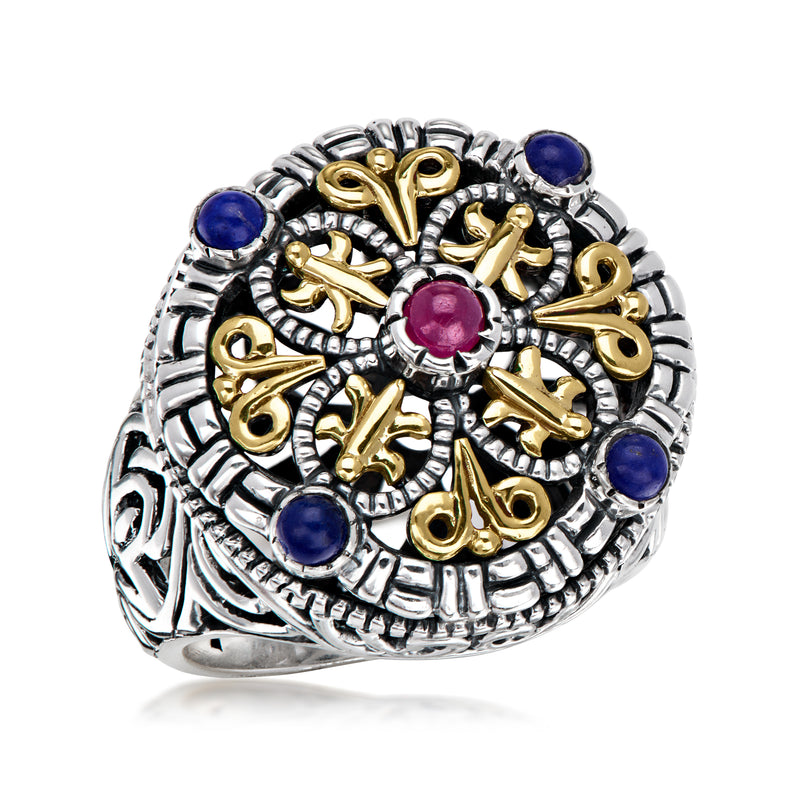 C. 1990 Vintage Philip Andre Lapis and .20 Carat Ruby Ring in Sterling Silver and 18kt Yellow Gold. Size 8