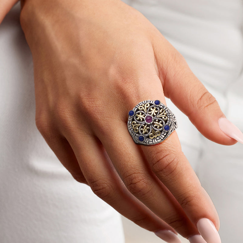 C. 1990 Vintage Philip Andre Lapis and .20 Carat Ruby Ring in Sterling Silver and 18kt Yellow Gold. Size 8