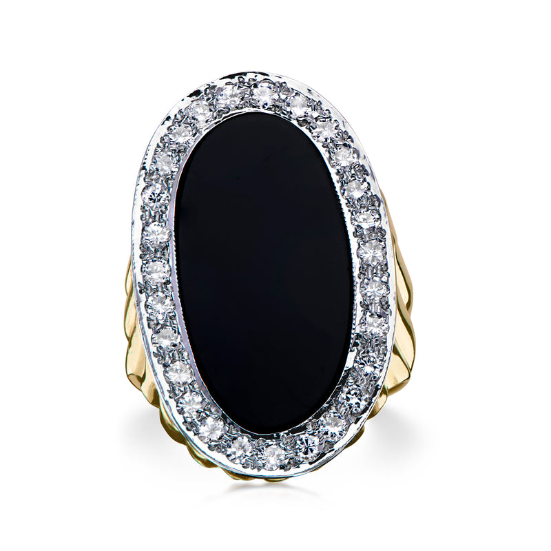 C. 1980 Vintage Onyx Ring with .80 ct. t.w. Diamonds in 14kt Yellow Gold. Size 6.5