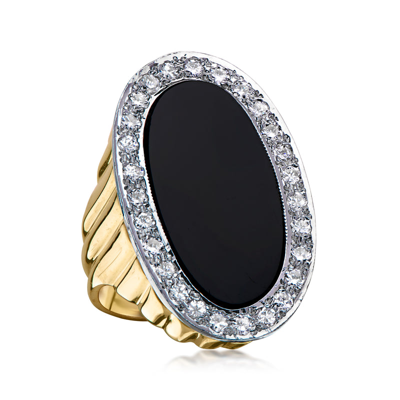 C. 1980 Vintage Onyx Ring with .80 ct. t.w. Diamonds in 14kt Yellow Gold. Size 6.5